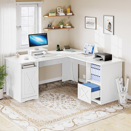 L Shaped Desk with Power Outlets, 60 Inch Computer Desk Corner Desk with File Drawer, Home Office Desk with Monitor Stand & Storage Shelves, L-Shaped Desk with File Cabinet, White