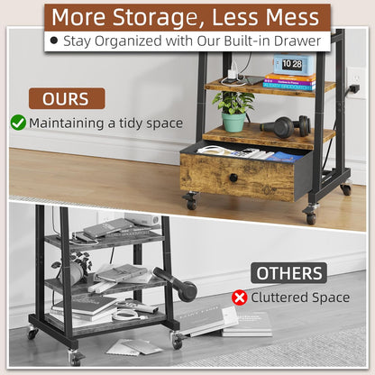 Rolling TV Stand with Wheels and Mount & Fabric Drawer - Entertainment Center with Power Outlet and Small TV Stand for Bedroom, Living Room - 15" Rustic Brown