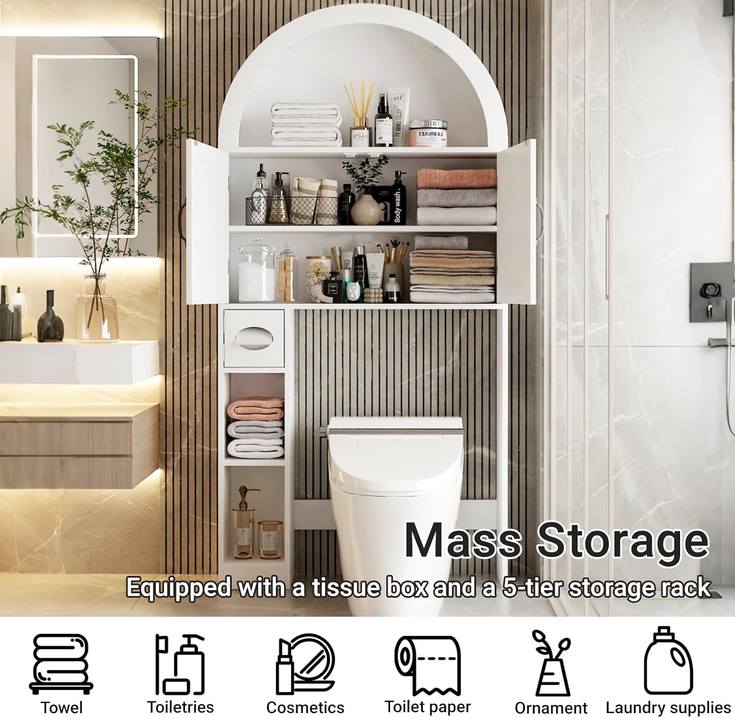 Over the Toilet Storage Cabinet, Farmhouse Bathroom Organizers and Storage with 2 Barn Door & Toilet Paper Holder Stand，Home Space-Saving Toilet Rack, for Bathroom, Restroom and Laundry, White