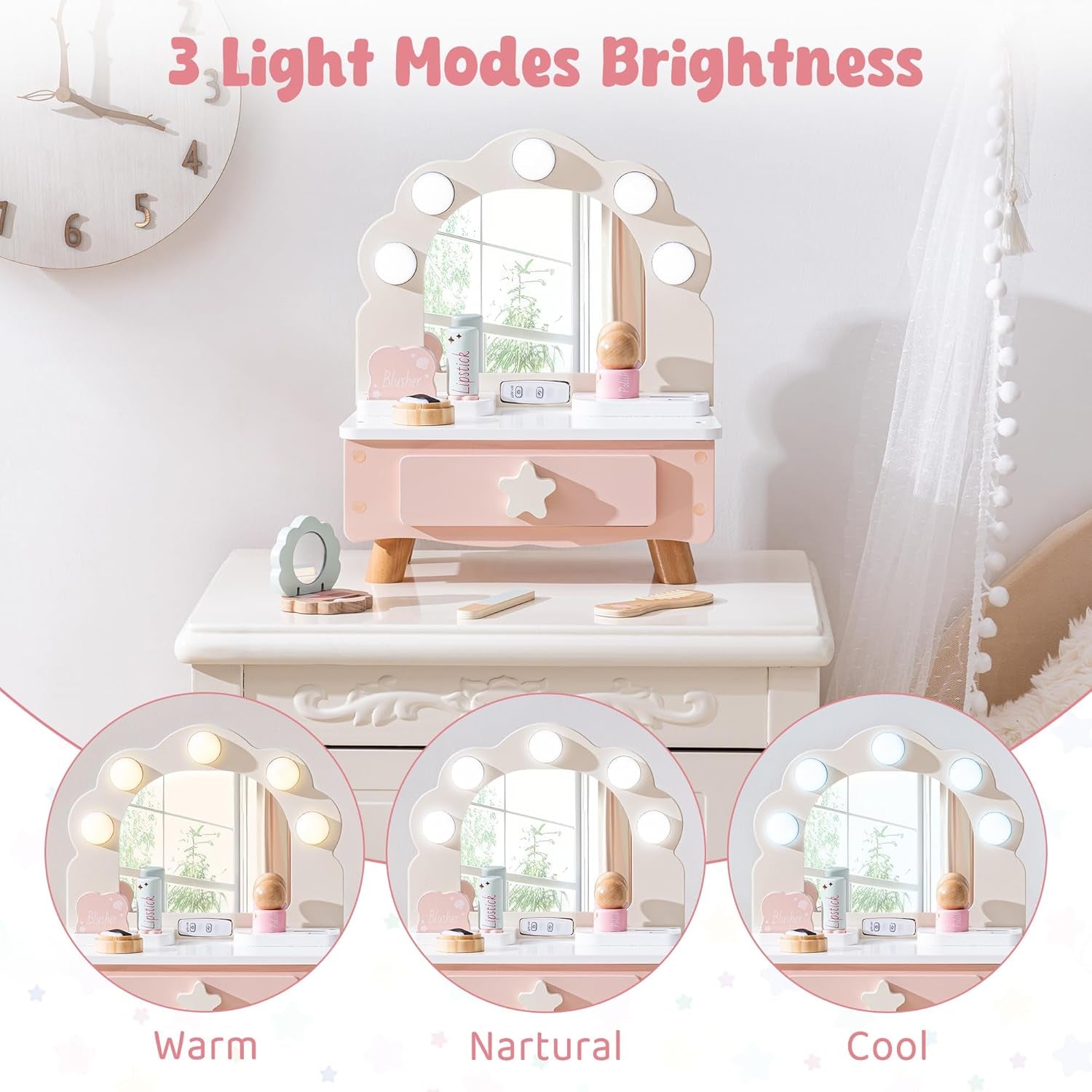 Toddler Vanity Makeup Table Toy with Mirror & Light, Wooden Kids Makeup Vanity Set, Dressing Table with Accessories and Lights, Pretend Makeup Set for Little Girls