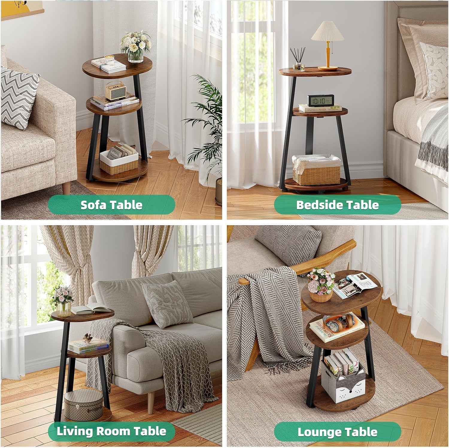 Side Table, Small End Table with Metal Frame, 3-Tier Bedside Tables, round Side Tables for Living Room Bedroom Couch Bathroom, Oval, Vintage Brown