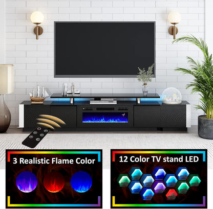 110" Large Fireplace TV Stand Set with 36" Electric Fireplace, Includes 70" 2-Tier Fireplace TV Stand, 2 X End Tables, Modern High Gloss TV Console with LED Light for Living Room, Black