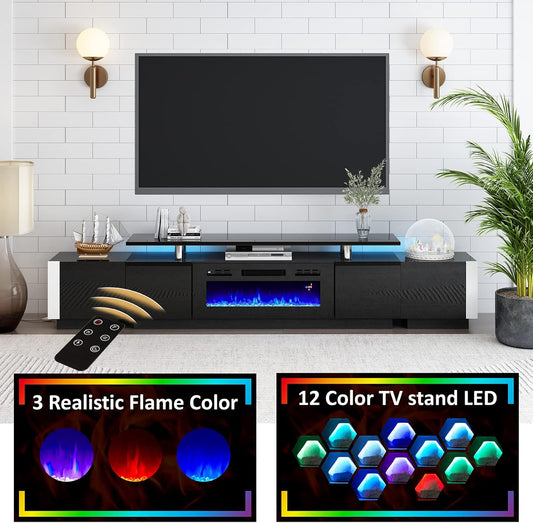 110" Large Fireplace TV Stand Set with 36" Electric Fireplace, Includes 70" 2-Tier Fireplace TV Stand, 2 X End Tables, Modern High Gloss TV Console with LED Light for Living Room, Black