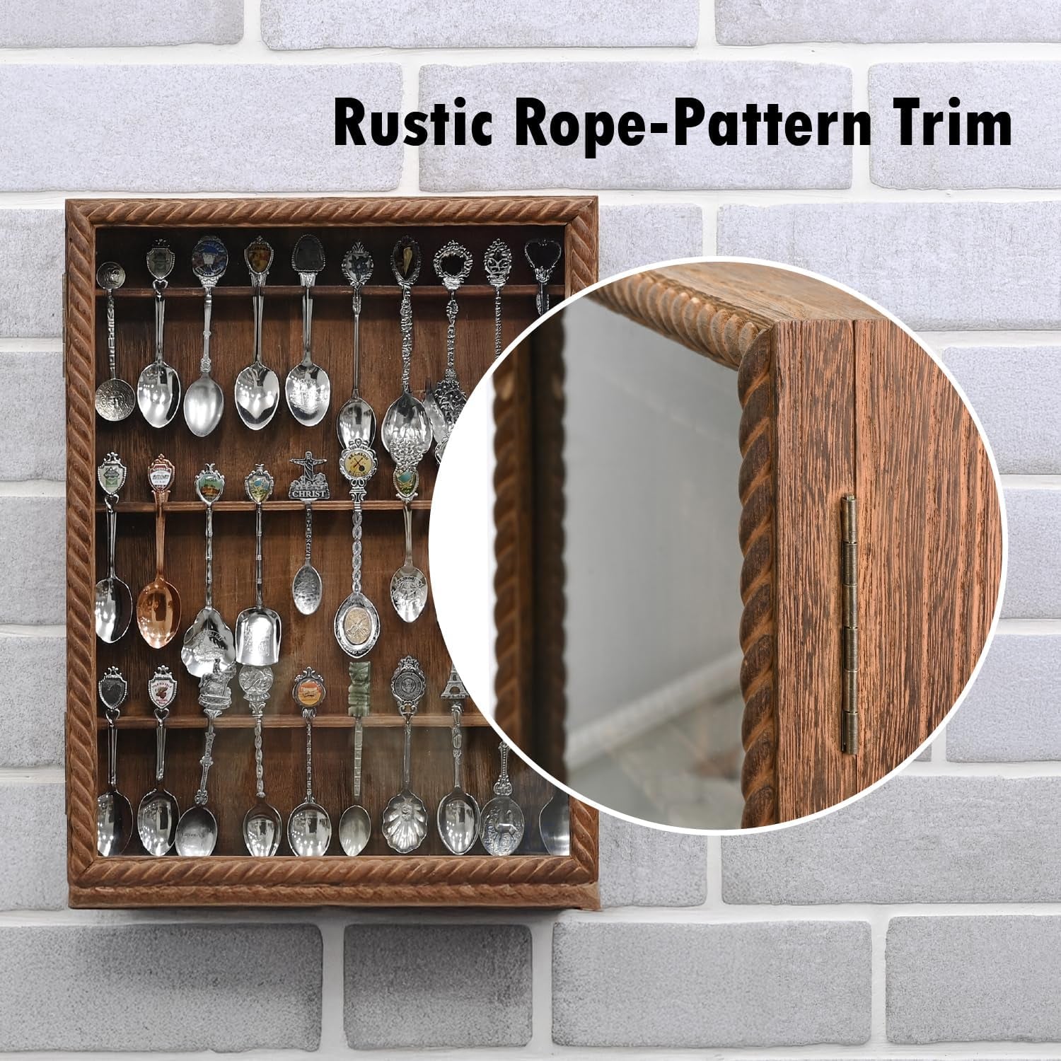 Wooden 30-Souvenir Spoon Display Case Cabinet, Wall-Mounted Tea Spoon Rack with Tempered Glass Door Suitable for Collection Display, Brown Color, 13.4W X 2.6D X 15.7H In