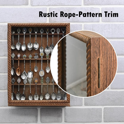 Wooden 30-Souvenir Spoon Display Case Cabinet, Wall-Mounted Tea Spoon Rack with Tempered Glass Door Suitable for Collection Display, Brown Color, 13.4W X 2.6D X 15.7H In