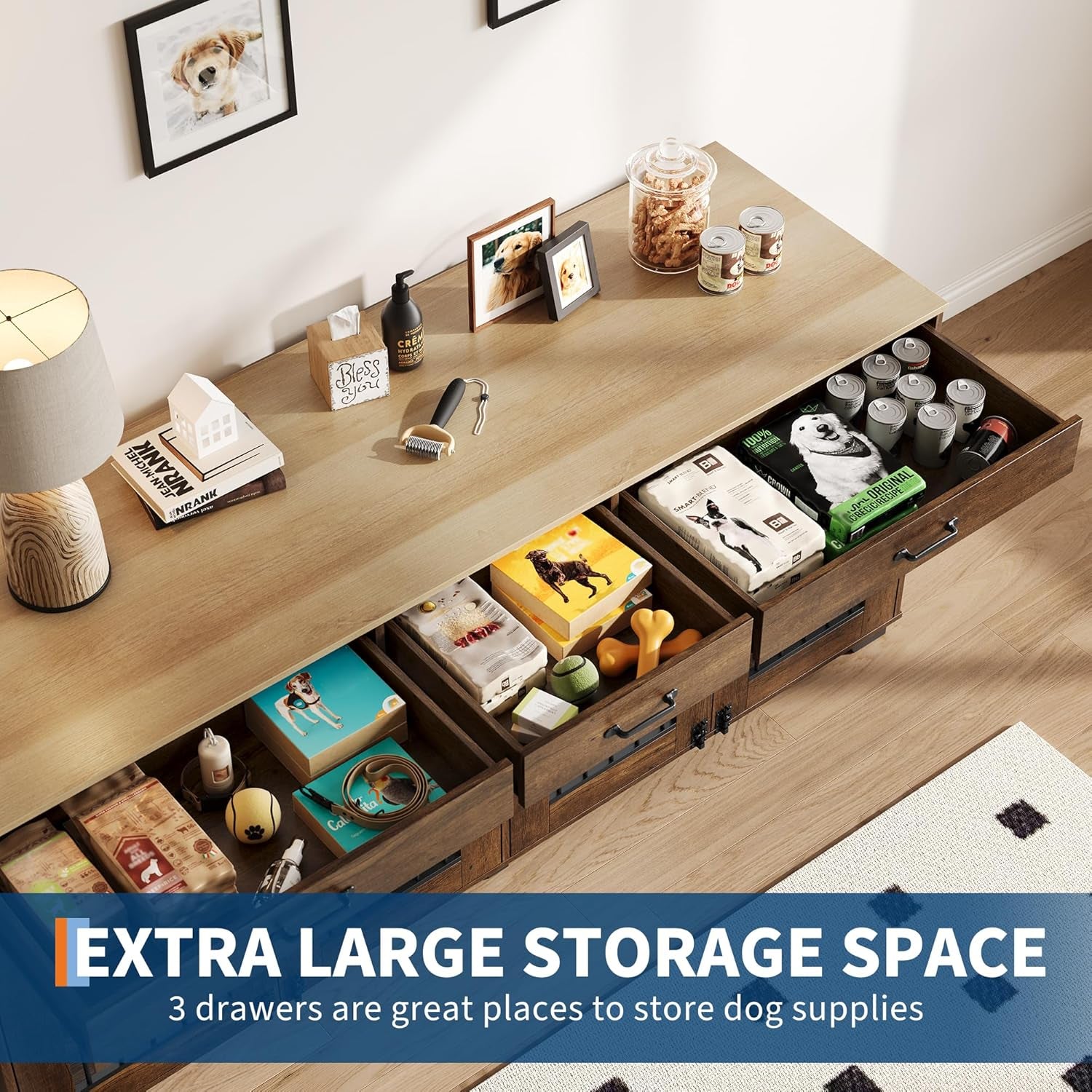 71 in Dog Crate Furniture for 2 Rooms, Wooden Double Crate Large Breed with Door, Dog Kennel Indoor, TV Stand End Table with Divider for Large Medium Dogs,Grey