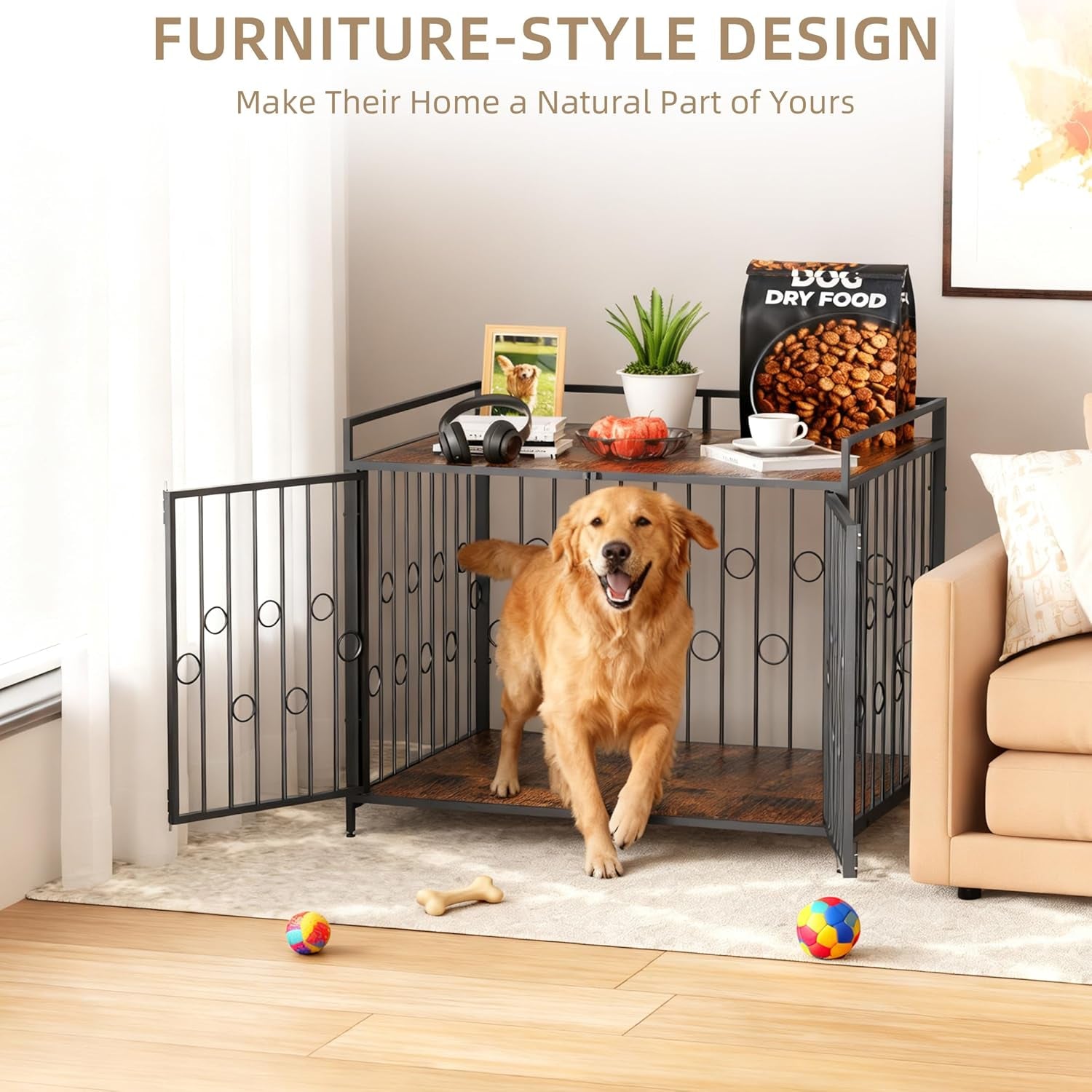 48 Inch XL Dog Crate Furniture for Extra Large Dogs, Heavy Duty Wooden Dog Kennel Table with Storage Shelf, Unique Modern round Decorative Pet Crate End Table, Sturdy Indoor Dog House