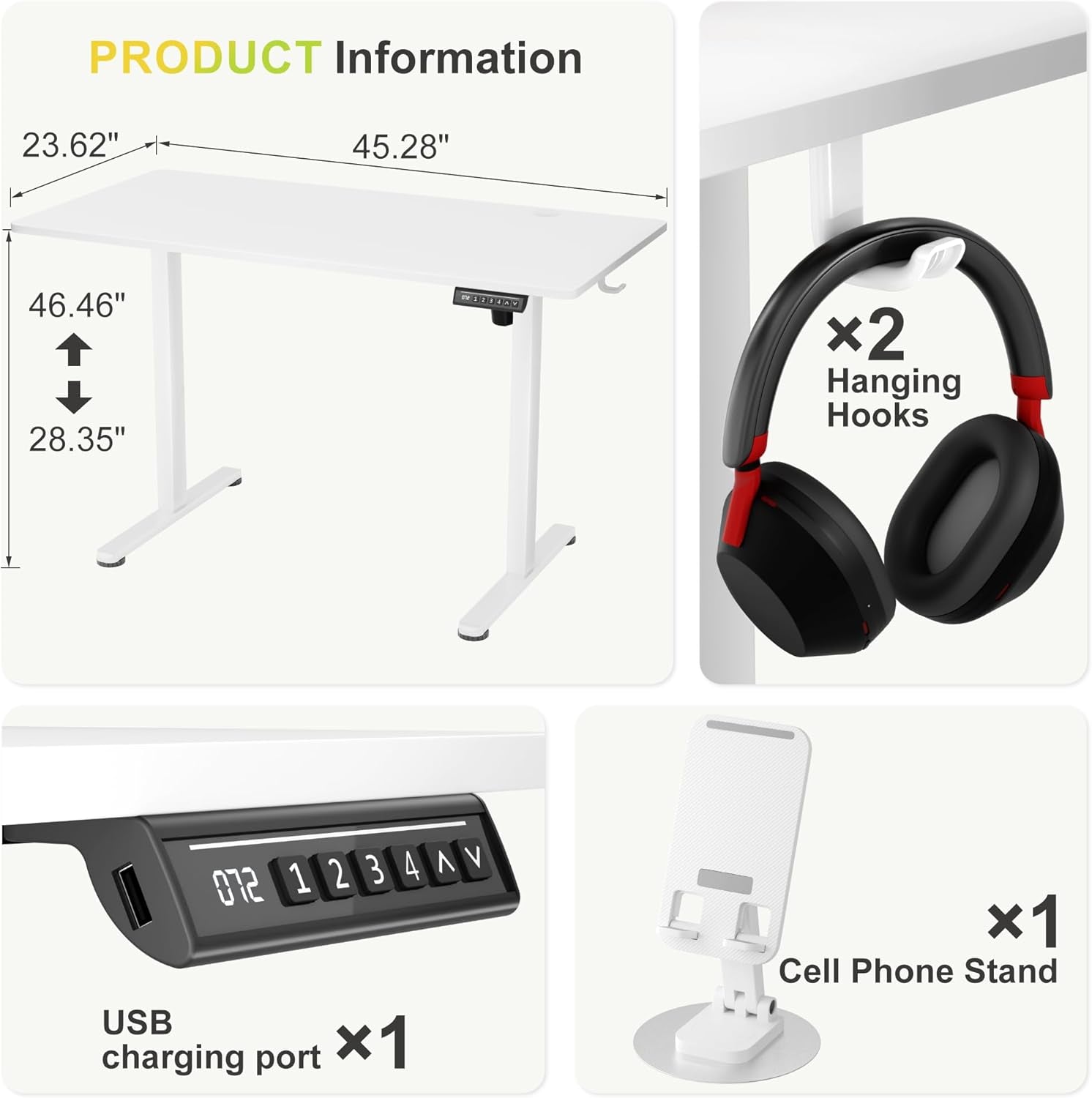 Electric Standing Desk, 45 X 24 Inches Sit Stand up Desk, Sit Stand Height Adjustable Home Office Desk with 4 Height Position Memory - with Splice Board (White, 45)