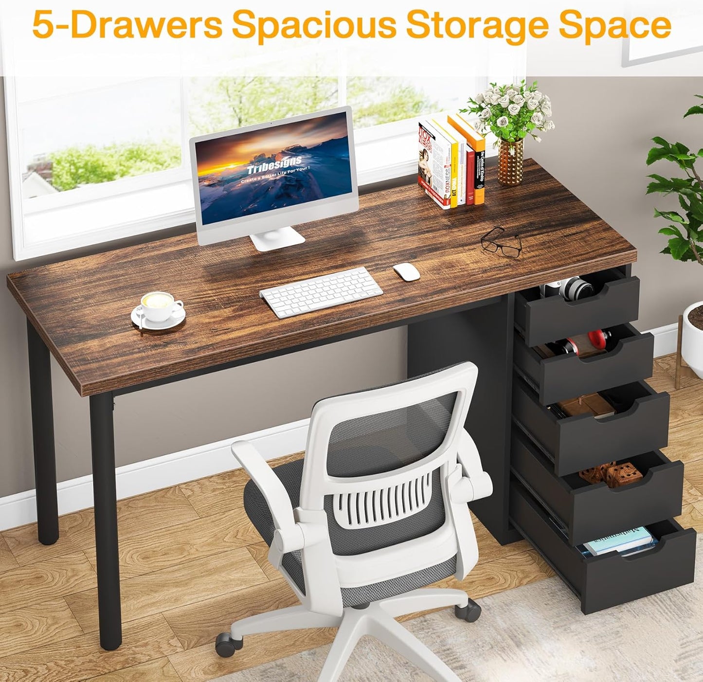 Computer Desk with 5 Drawers, 47 Inches Rustic Brown Home Office Desk with Storage, Modern Simple Laptop Desk Study Writing Table for Small Spaces (1, Brown+Black)