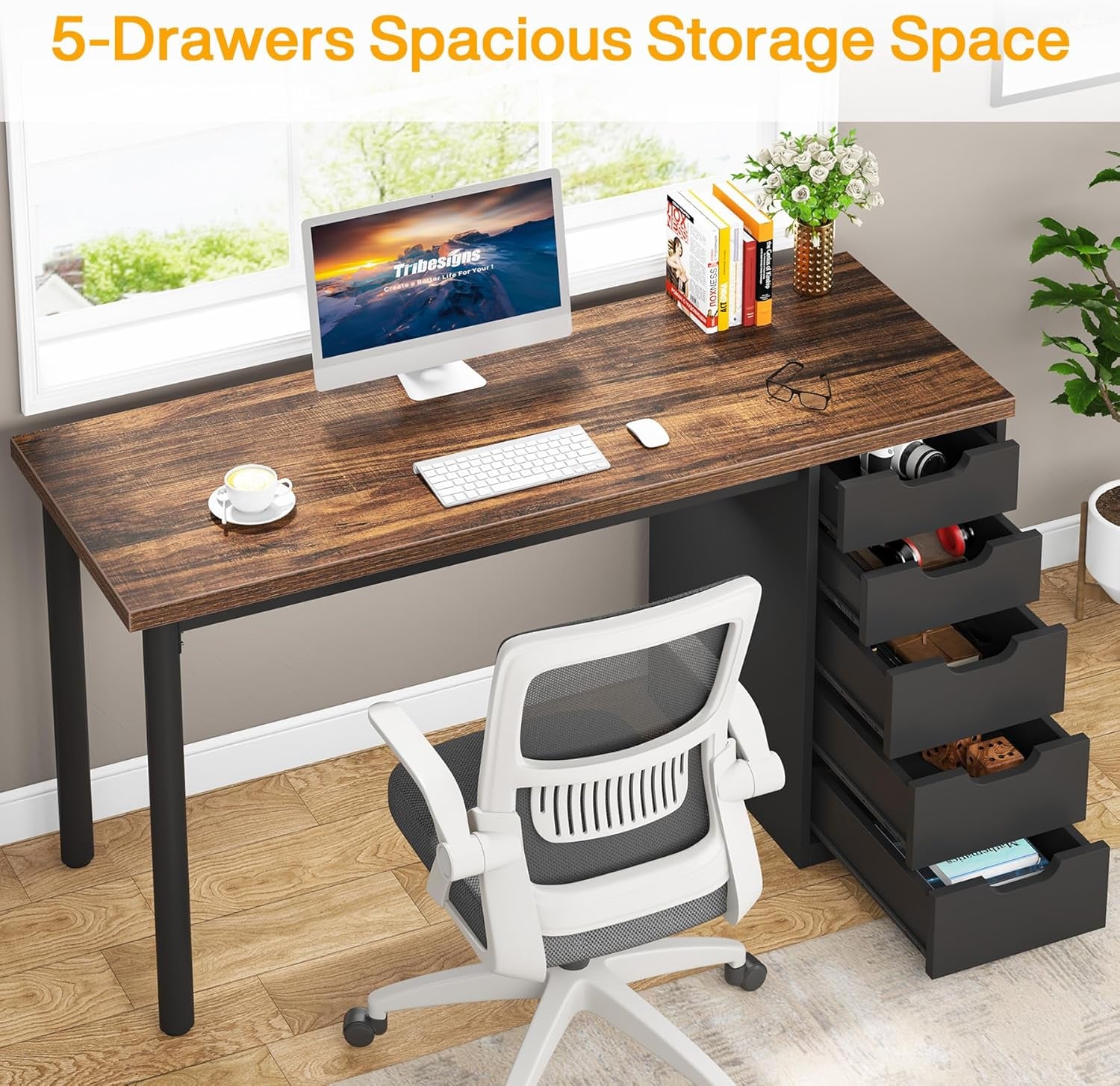 Computer Desk with 5 Drawers, 47 Inches Rustic Brown Home Office Desk with Storage, Modern Simple Laptop Desk Study Writing Table for Small Spaces (1, Brown+Black)