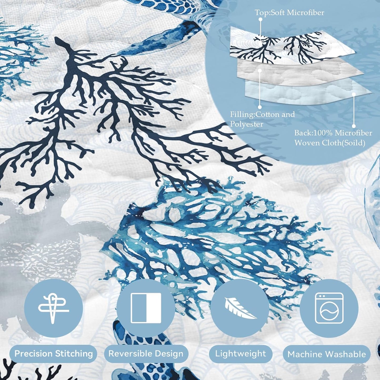Coastal Bedding King Size Coastal Quilt with 2 Shams, Nautical Beach Comforter Sets Ocean Bedspreads Blue Seaturtle Coverlet Summer Bedding, 96''X106''