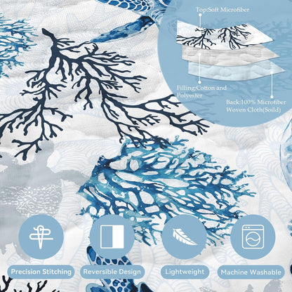 Coastal Bedding King Size Coastal Quilt with 2 Shams, Nautical Beach Comforter Sets Ocean Bedspreads Blue Seaturtle Coverlet Summer Bedding, 96''X106''