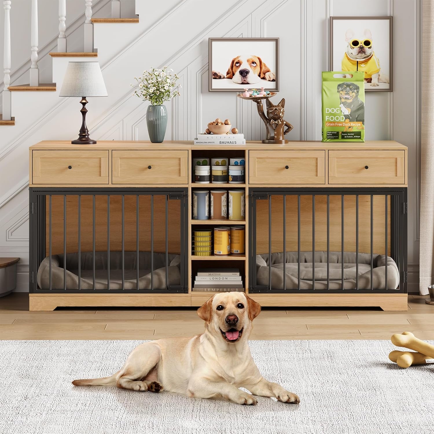 82" Double Dog Crate Furniture, Large Dog Kennel Indoor for 2 Dogs, Heavy Duty Wooden Dog Crate TV Stand with 4 Drawers and Shelves, Natural
