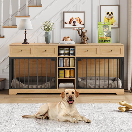 82" Double Dog Crate Furniture, Large Dog Kennel Indoor for 2 Dogs, Heavy Duty Wooden Dog Crate TV Stand with 4 Drawers and Shelves, Natural