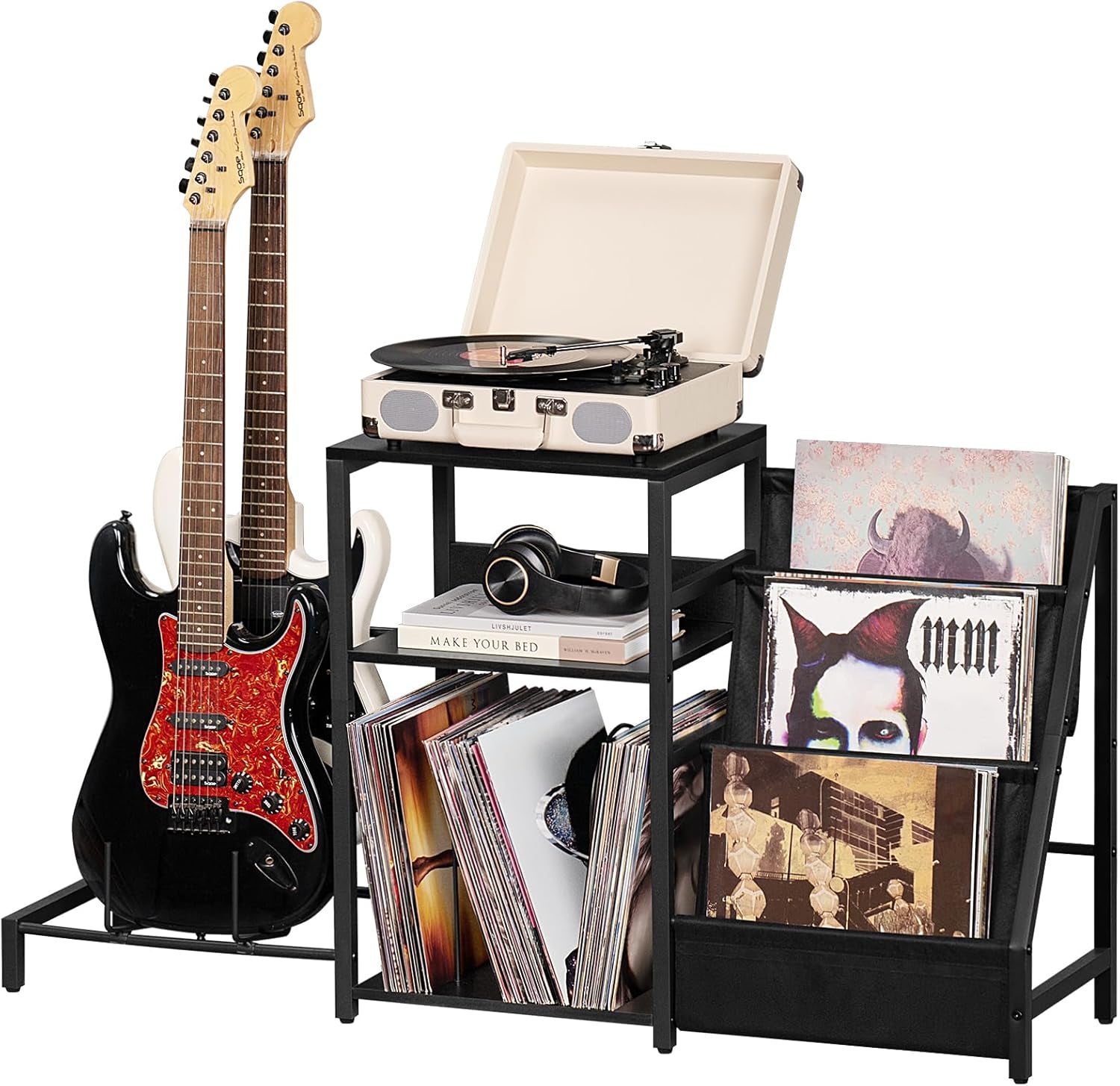Record Player Stand, Black Adjustable Guitar Stand for Acoustic Guitar, Electric Guitar, Bass, Turntable Stand with Vinyl Display Shelf Storage up to 150 Albums, End Table for Music Room