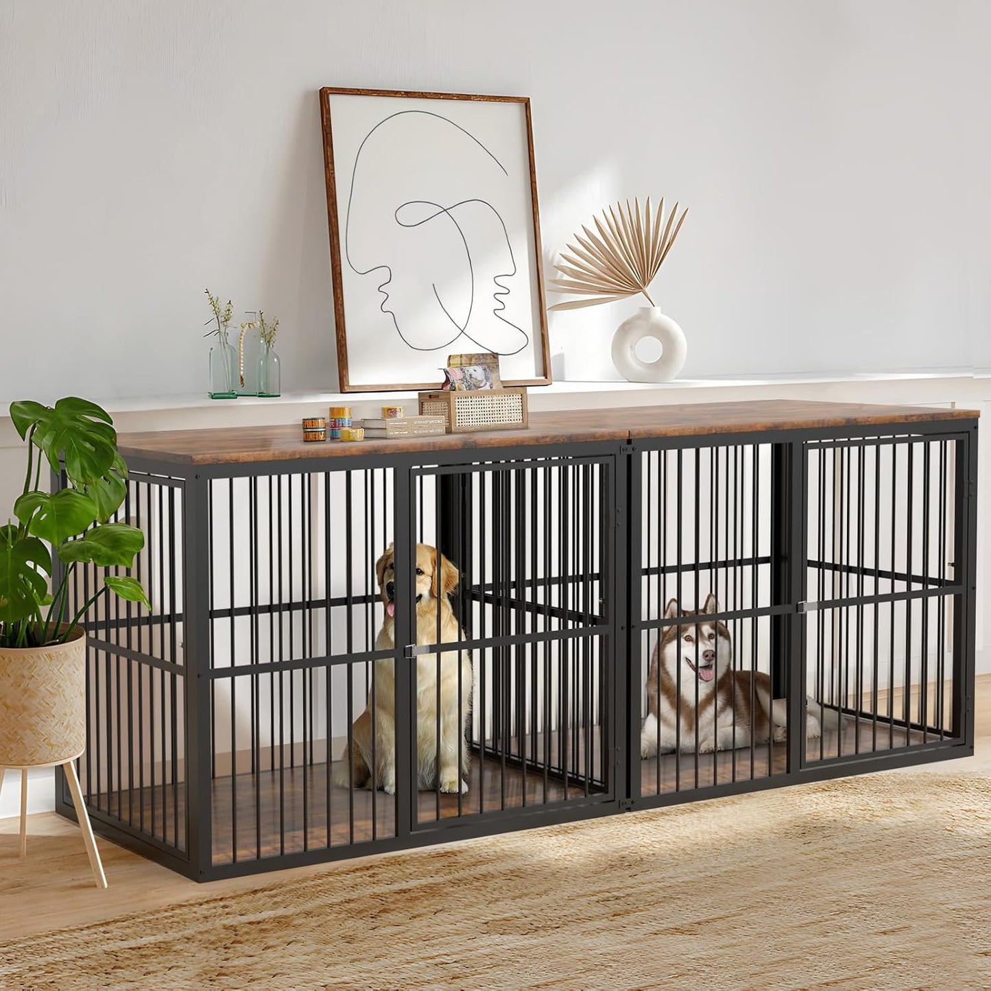 86.62''Dog Crate Furniture Large Breed TV Stand with Double Rooms,Wooden Dog Kennel Dog Crate End Table with Removable Divider for Large Medium Dogs, Can Use Separately, Brown