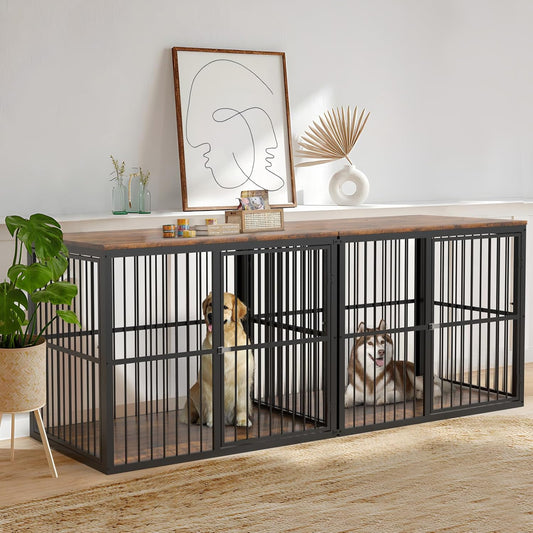 86.62''Dog Crate Furniture Large Breed TV Stand with Double Rooms,Wooden Dog Kennel Dog Crate End Table with Removable Divider for Large Medium Dogs, Can Use Separately, Brown