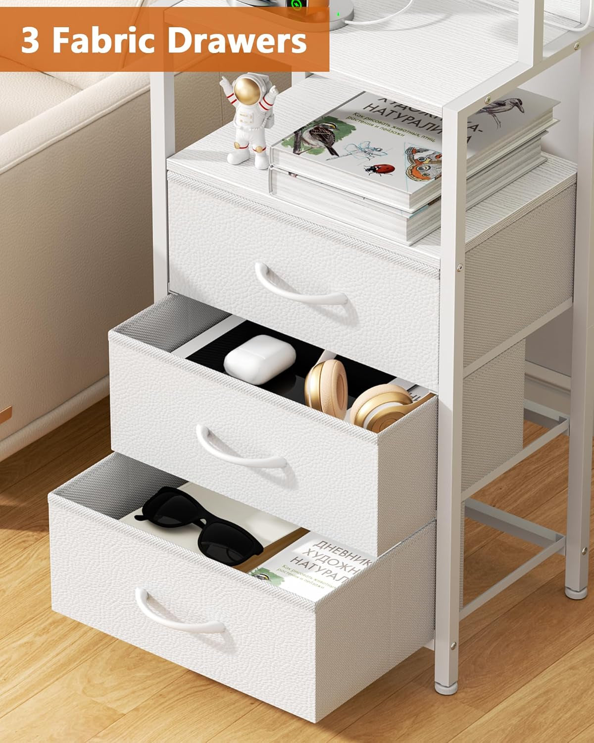 Night Stand, White Bedside Nightstand with 4-Tier Shelves and 3 Fabric Drawers, LED Bed Side Tables with Charging Station, Tall Dresser for Bedroom, Hallway, Office