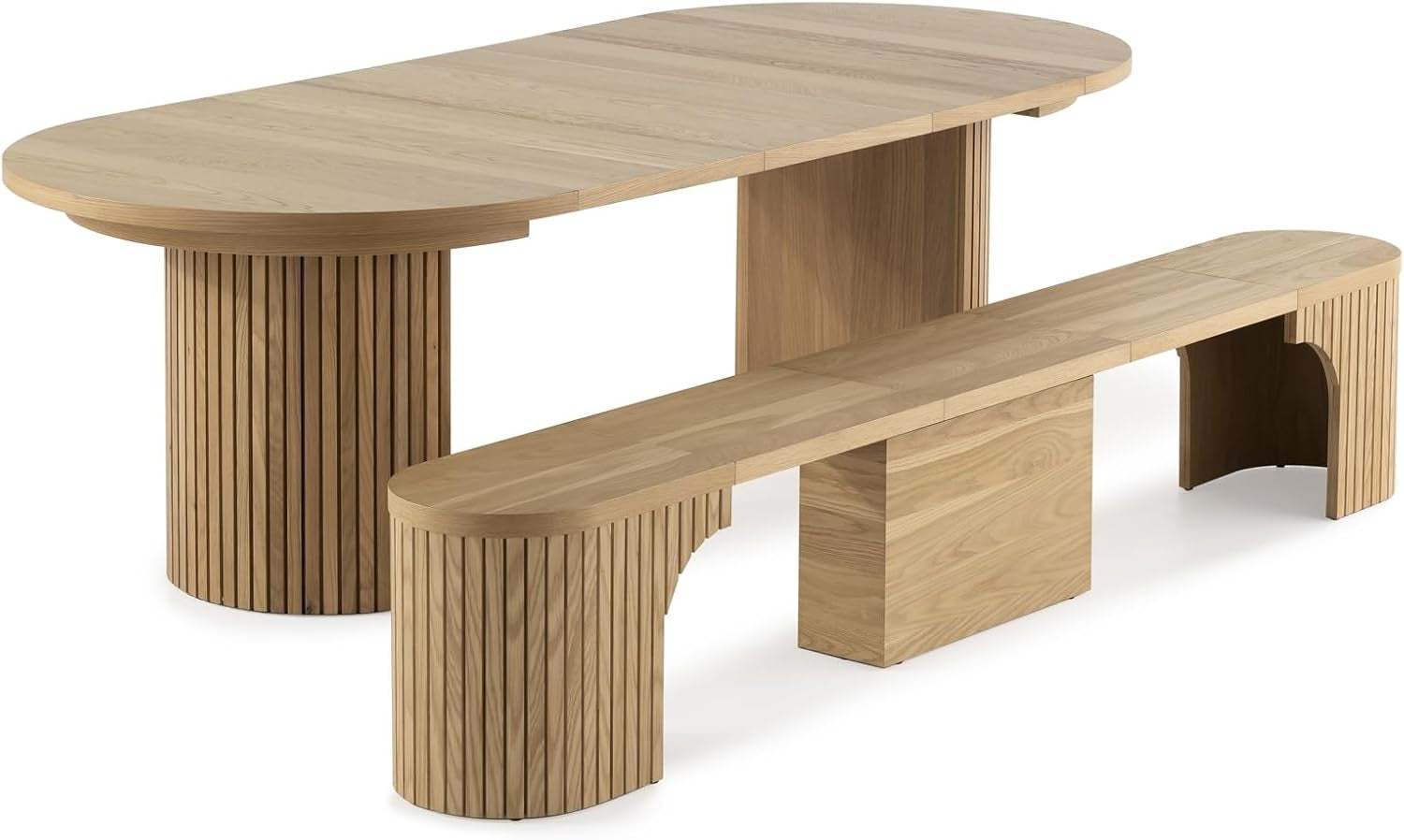 Transformer round Extendable Dining Set – Solid Wood Expandable round Table with Matching Bench, Space-Saving Adjustable Kitchen & Dining Room Furniture (Natural, Table + Bench)