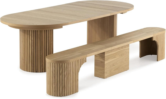 Transformer round Extendable Dining Set – Solid Wood Expandable round Table with Matching Bench, Space-Saving Adjustable Kitchen & Dining Room Furniture (Natural, Table + Bench)