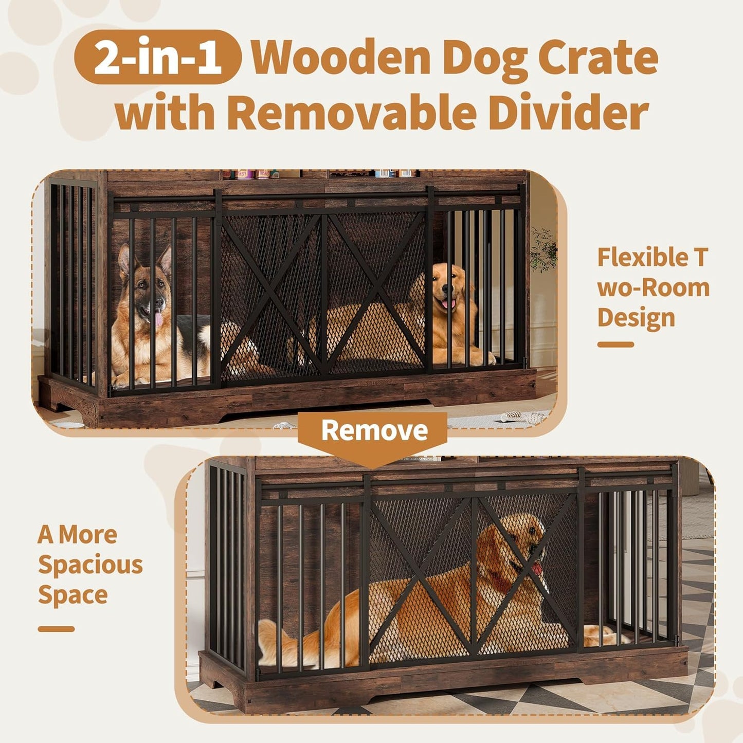 Double Dog Crate Furniture, 63 Inch Heavy-Duty Dog Kennel with Center Divider, Sliding Doors, Drawers and Open Shelves, Indoor Dog House for Living Room, Retro Brown