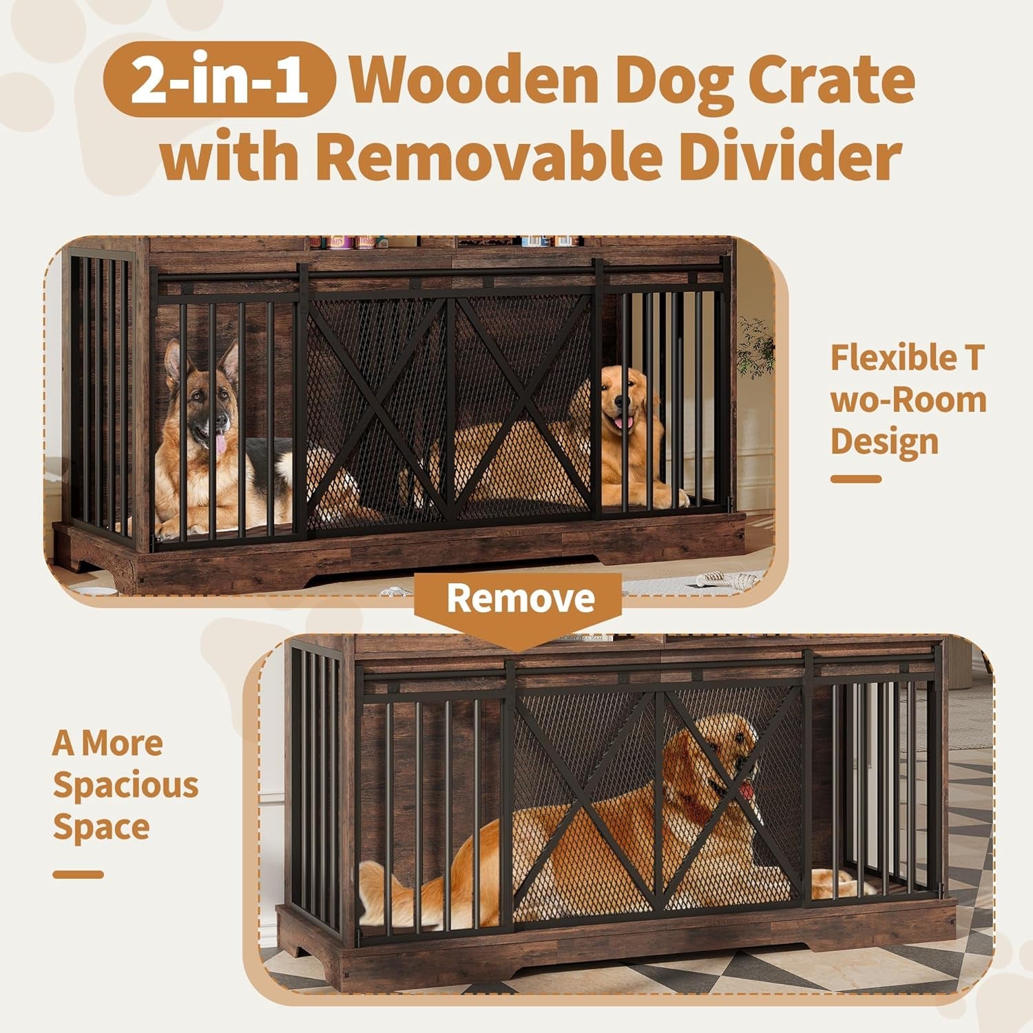 Double Dog Crate Furniture, 63 Inch Heavy-Duty Dog Kennel with Center Divider, Sliding Doors, Drawers and Open Shelves, Indoor Dog House for Living Room, Retro Brown