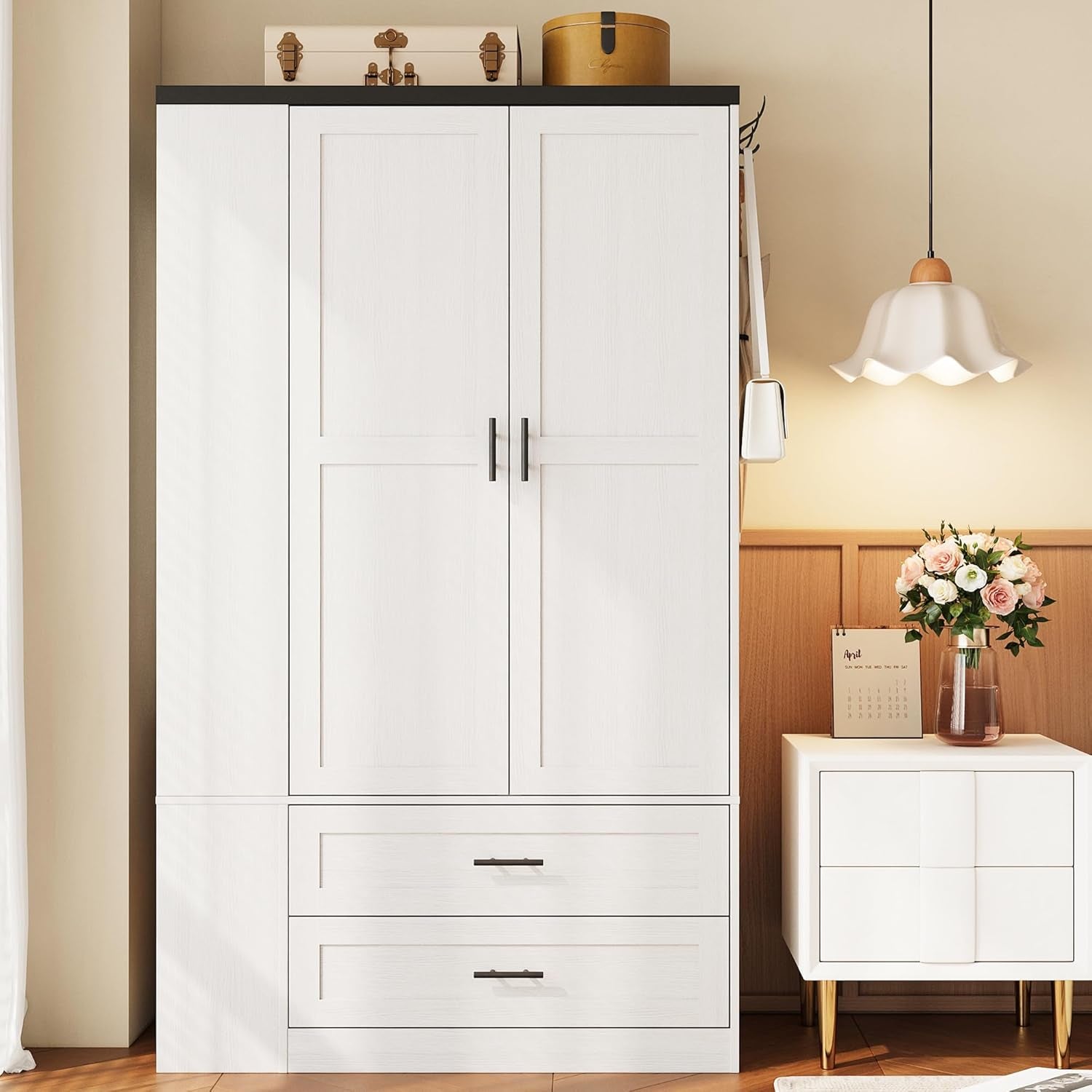 Armoire Wardrobe Closet with Large Mirror, Storage Cabinet with 2 Doors and 2 Drawers, 2 Storage Shelves, 70" Wardrobe Cabinet for Bedroom,White