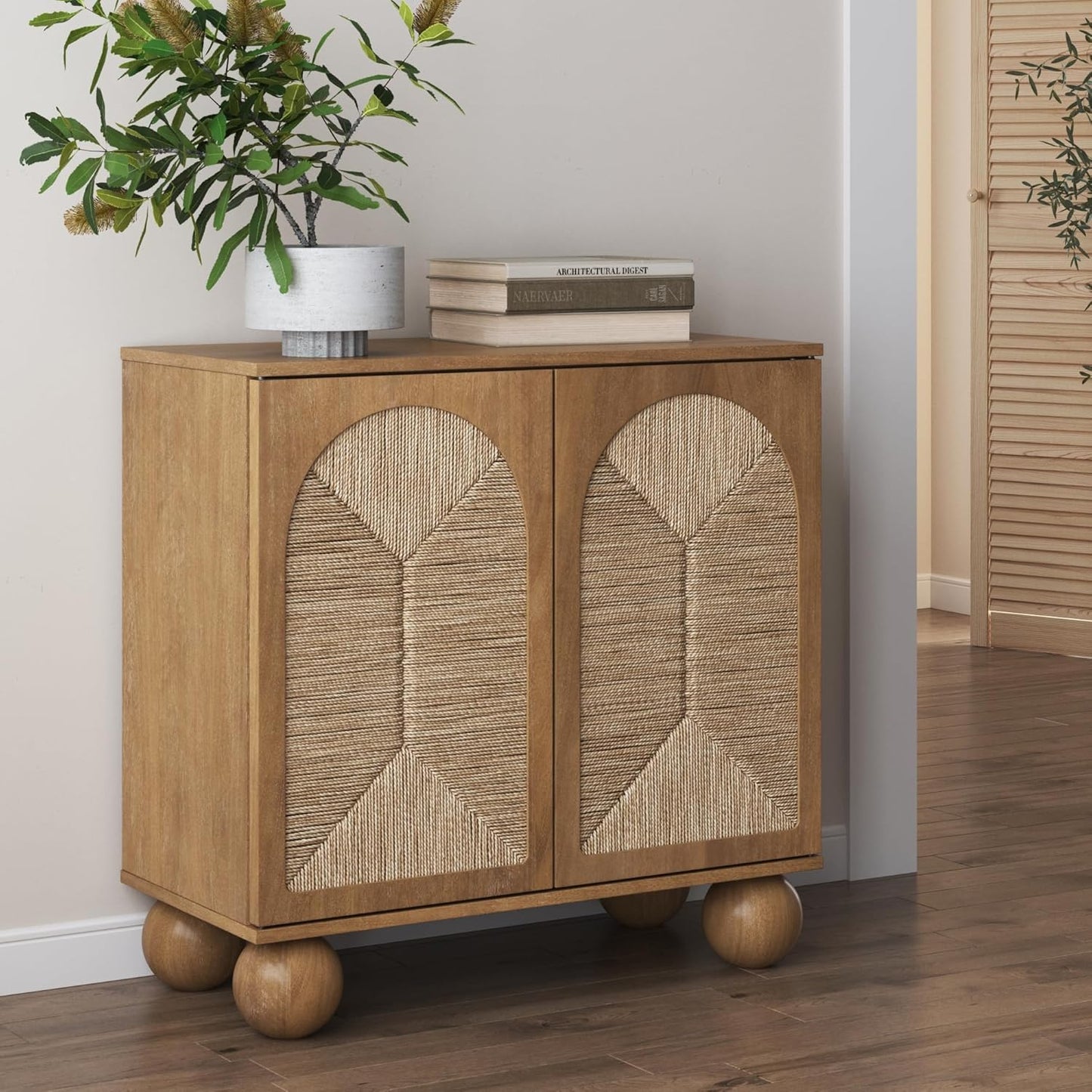 Leah Boho Entryway Storage Cabinet or Sideboard Cabinet for Kitchen or Living Room with Ball-Style Feet, Natural Seagrass Door Fronts and Solid Wood Legs, Light Brown