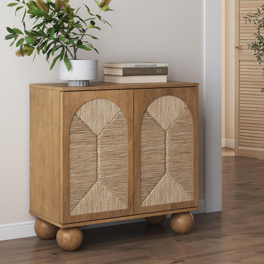 Leah Boho Entryway Storage Cabinet or Sideboard Cabinet for Kitchen or Living Room with Ball-Style Feet, Natural Seagrass Door Fronts and Solid Wood Legs, Light Brown