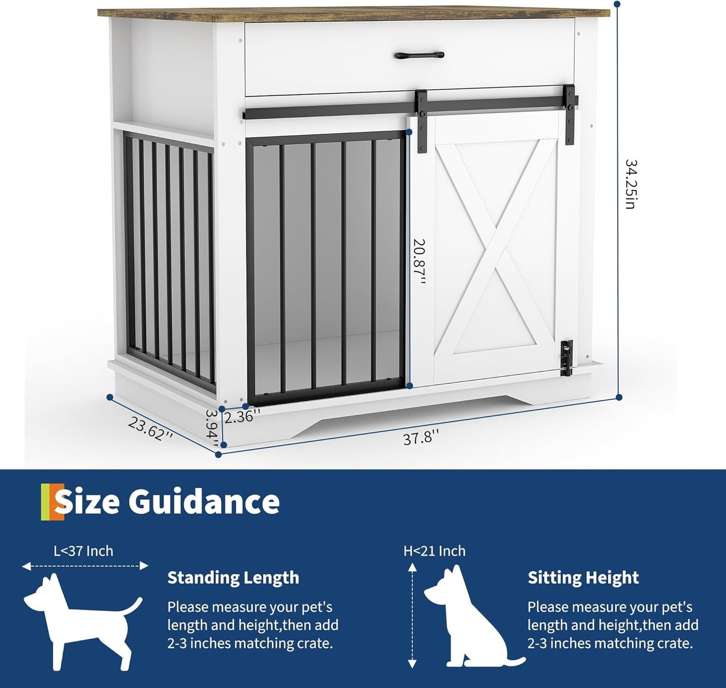 Dog Crate Furniture with Double Doors, 38 Inch Large Pet Cage House End Table with Storage Drawer & Sliding Barn Door, Indoor Wooden Dog Kennel Buffet Cabinet with Pet Cage House Side Table