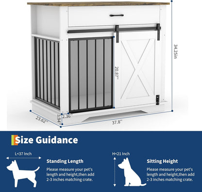 Dog Crate Furniture with Double Doors, 38 Inch Large Pet Cage House End Table with Storage Drawer & Sliding Barn Door, Indoor Wooden Dog Kennel Buffet Cabinet with Pet Cage House Side Table