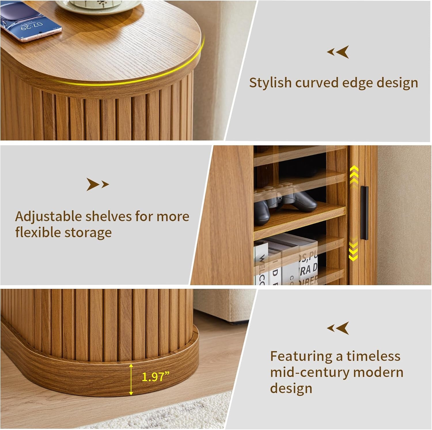 Small End Table, Narrow Side Table, Skinny Nightstand with Charging Station, Mid-Century Modern Curved Fluted Bedside Table with Door and Shelf for Small Spaces,Living Room,Bedroom,Walnut