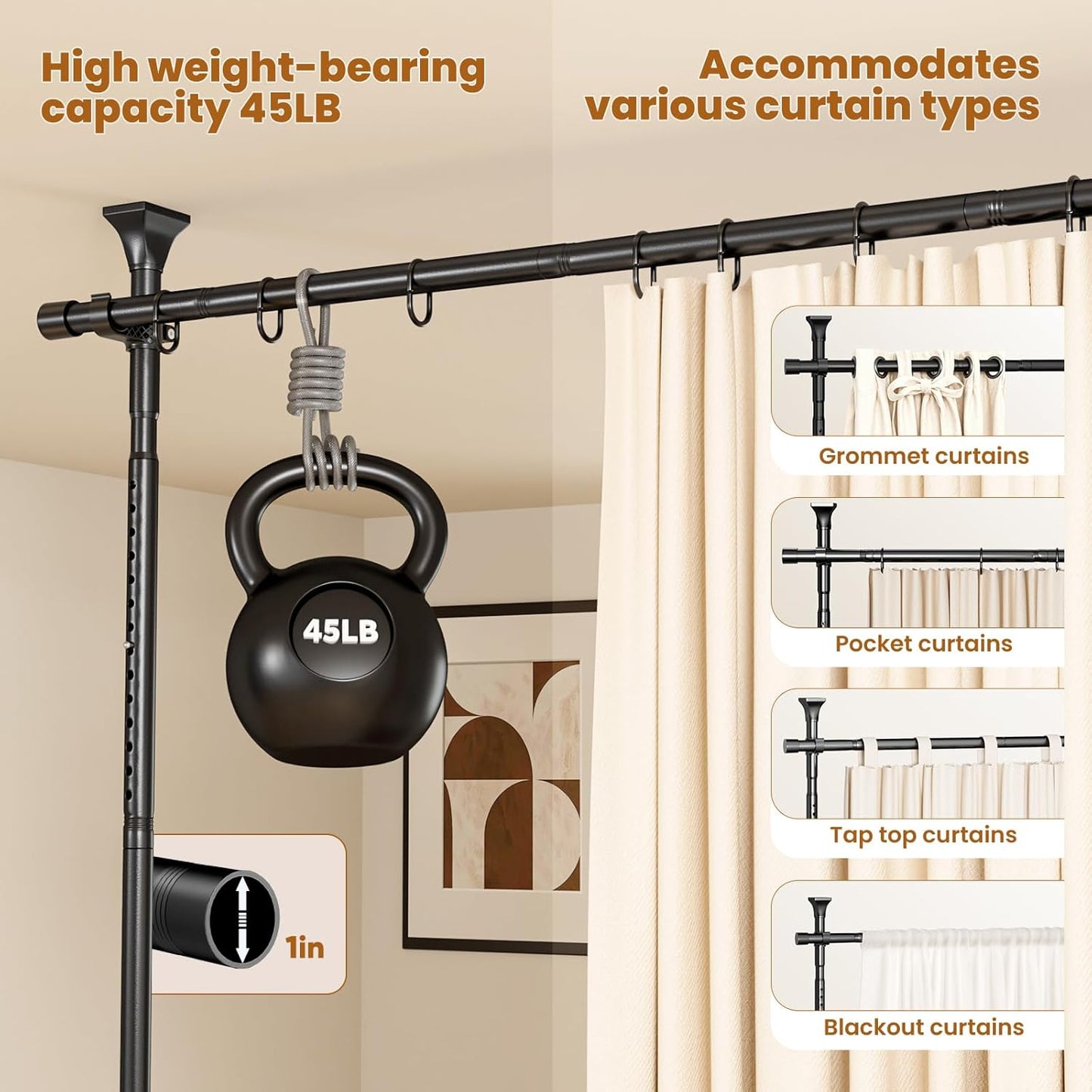 Room Divider Curtain Rods No Drilling, Adjustable 4-10Ft(H) Wall Divider for Room Separation, Temporary Privacy Tension Curtain Rods, Freestanding Space Room Separator, Black