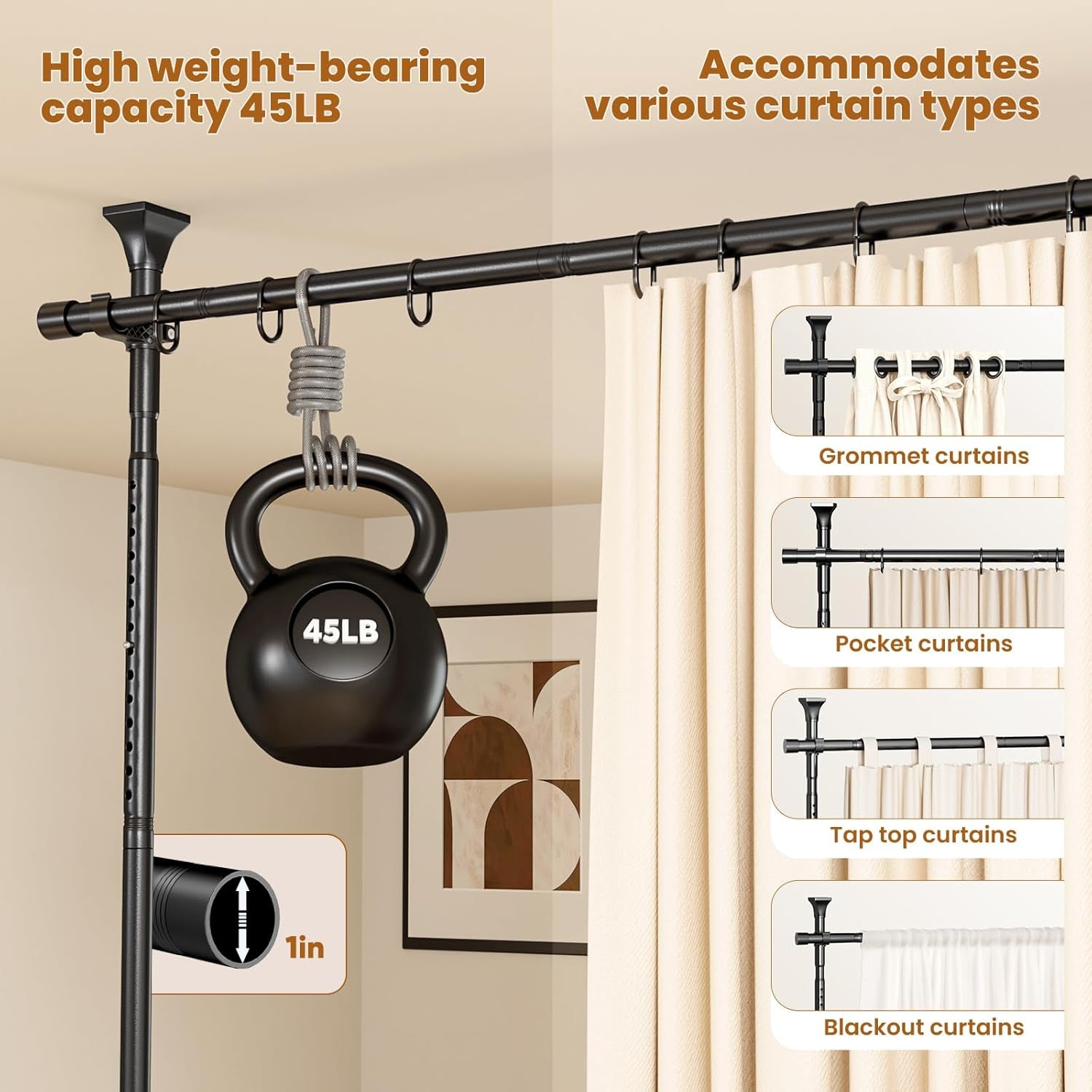 Room Divider Curtain Rods No Drilling, Adjustable 4-10Ft(H) Wall Divider for Room Separation, Temporary Privacy Tension Curtain Rods, Freestanding Space Room Separator, Black