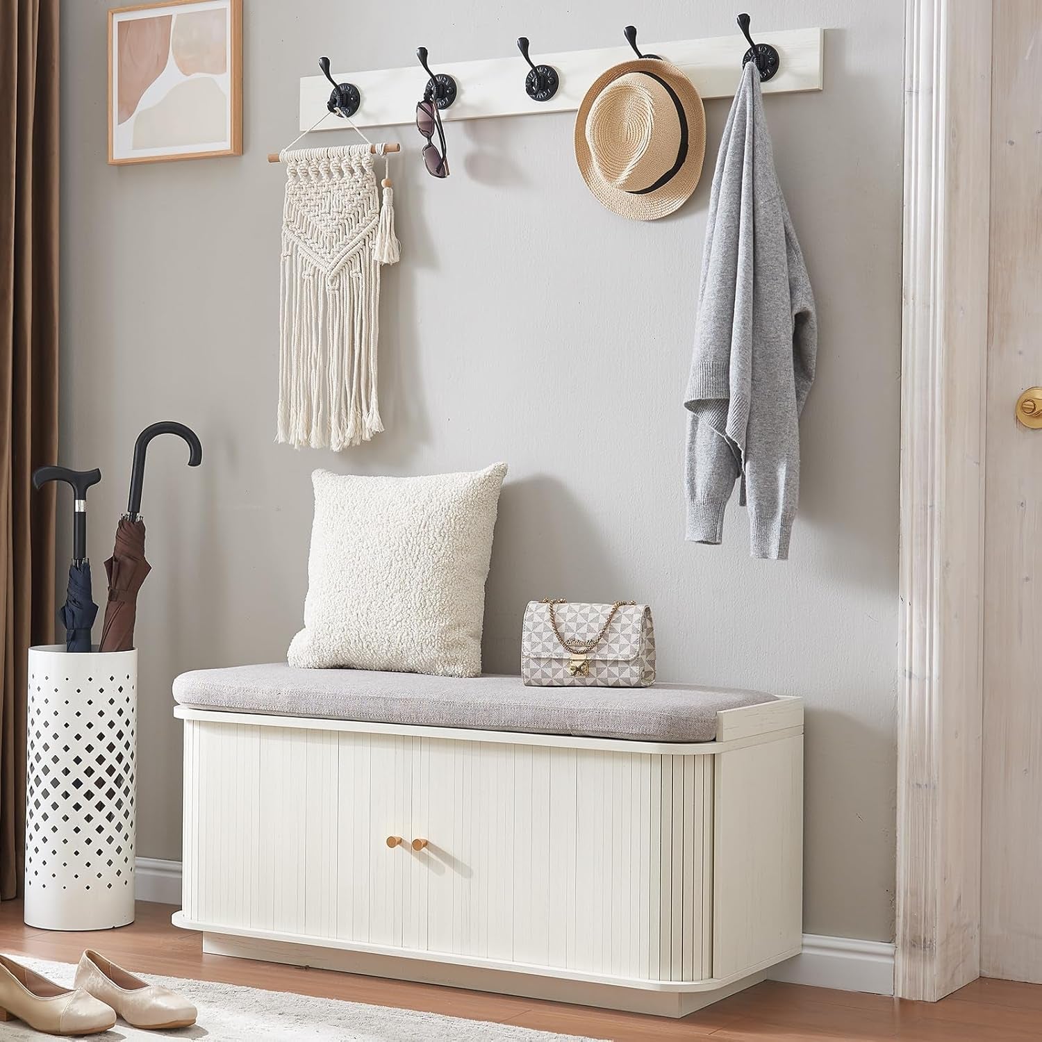 Hall Tree with Bench and Shoe Storage, Entryway Bench with Sliding Door Cabinet, Removable Padded, Metal Wall Hooks, Adjustable Storage Compartments, for Entry, Hallway, Living Room, Beige