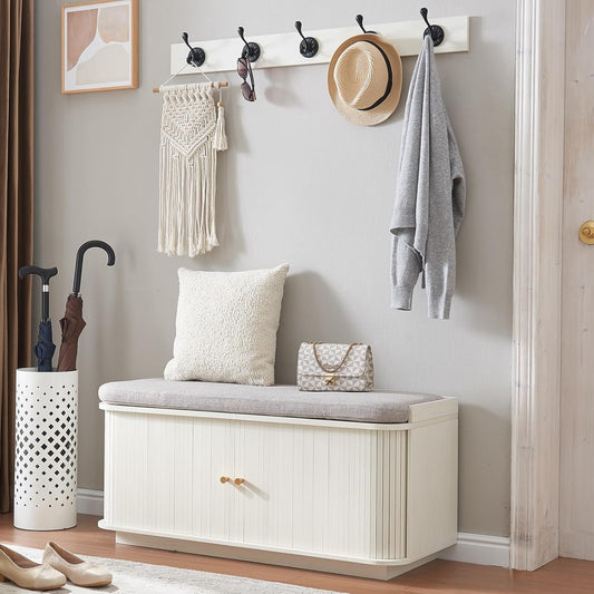 Hall Tree with Bench and Shoe Storage, Entryway Bench with Sliding Door Cabinet, Removable Padded, Metal Wall Hooks, Adjustable Storage Compartments, for Entry, Hallway, Living Room, Beige