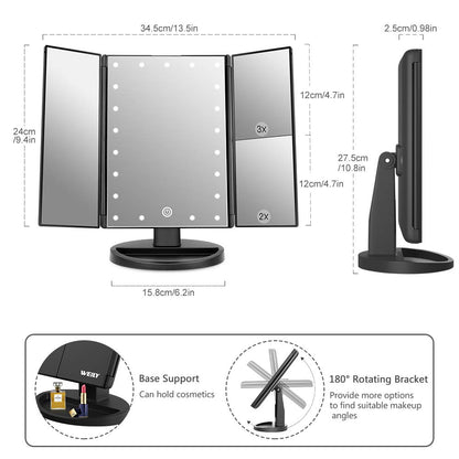 Makeup Mirror with 21 LED Lights,Two Power Supply Modes, Adjustable Touch Screen and 1X/2X/3X Magnification Tri-Fold Vanity Mirror,Chargeable Travel Cosmetic Mirror for Desktop (Black)