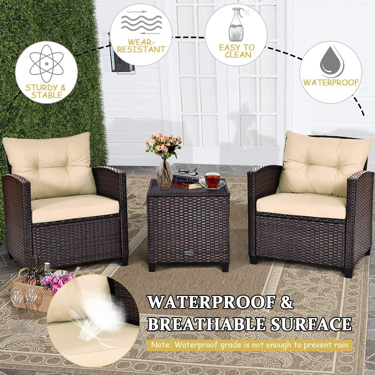 3 Pieces Patio Furniture Set, PE Rattan Wicker 3 Pcs Outdoor Sofa Set W/Washable Cushion and Tempered Glass Tabletop, Conversation Furniture for Garden Poolside Balcony (Beige)