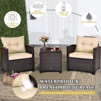 3 Pieces Patio Furniture Set, PE Rattan Wicker 3 Pcs Outdoor Sofa Set W/Washable Cushion and Tempered Glass Tabletop, Conversation Furniture for Garden Poolside Balcony (Beige)