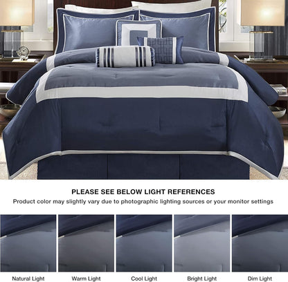 Cozy Comforter Set-Deluxe Hotel Collection, All Season down Alternative Luxury Bedding with Matching Shams, Decorative Pillows, King(104"X92"), Genevieve, Navy 7 Piece
