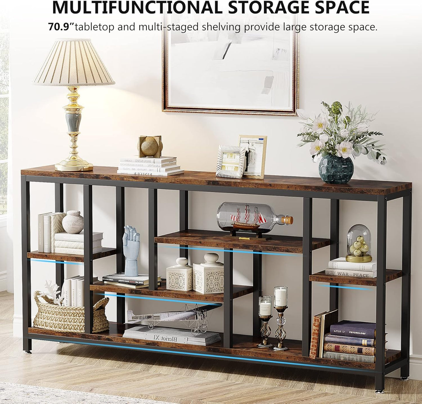 Console Sofa Table, 70.9 Inch Extra Long Table behind Couch with Storage Shelves, 3-Tier Industrial Narrow Entryway Hallway Accent Table for Living Room, Rustic Brown