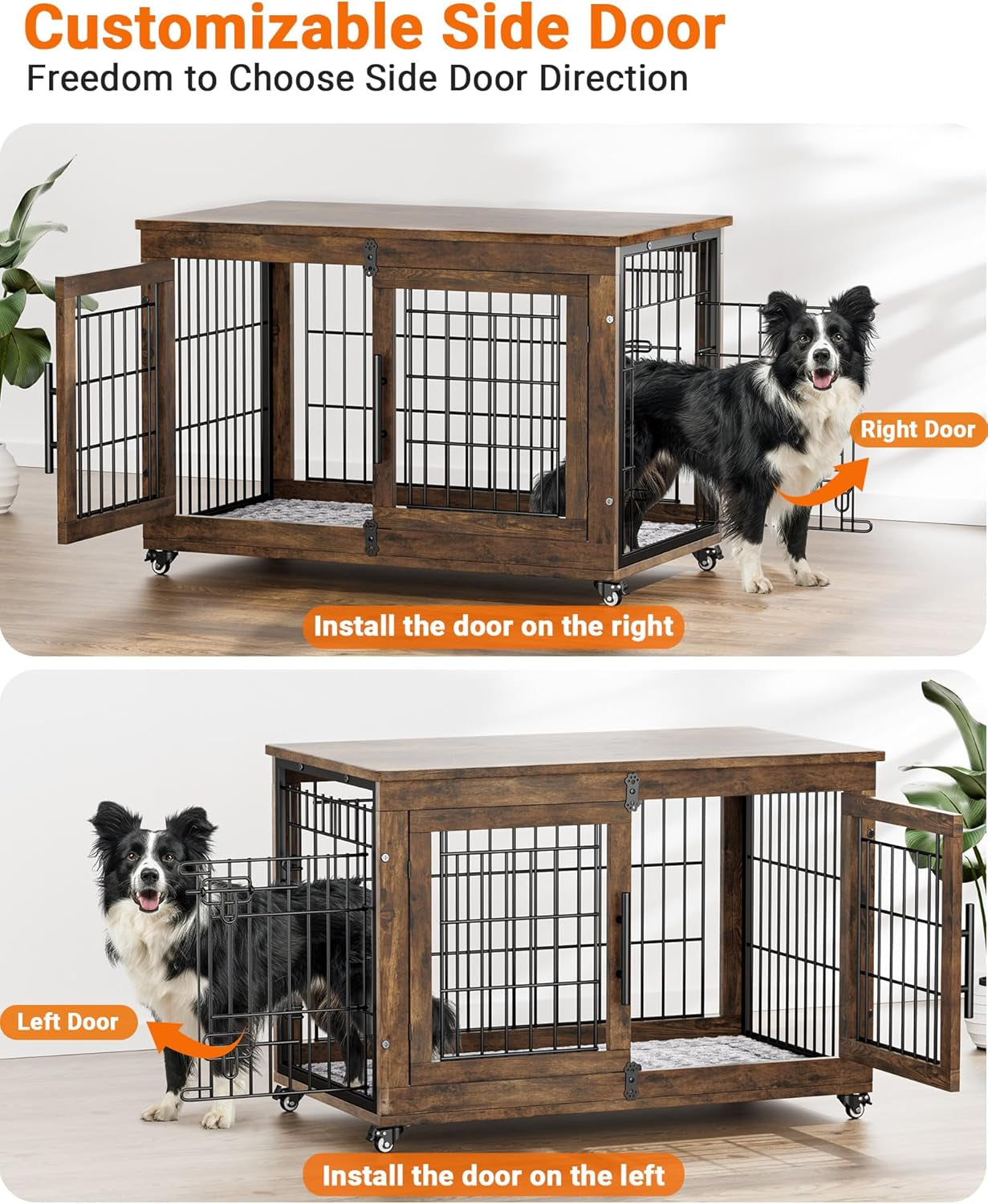 Dog Crate Furniture with Cushion, Wooden Dog Kennel Indoor with Double Doors, Dog Cage with Wheels, Dog House Side End Table for Large Dogs up to 85 Lb, 44" L, Grey
