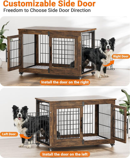 Dog Crate Furniture with Cushion Set of 2, Wooden Dog Kennel Indoor with Double Doors, Dog Cage with Wheels, Dog House Side End Table for Small Dogs up to 30 Lb, 27.2" L, Grey