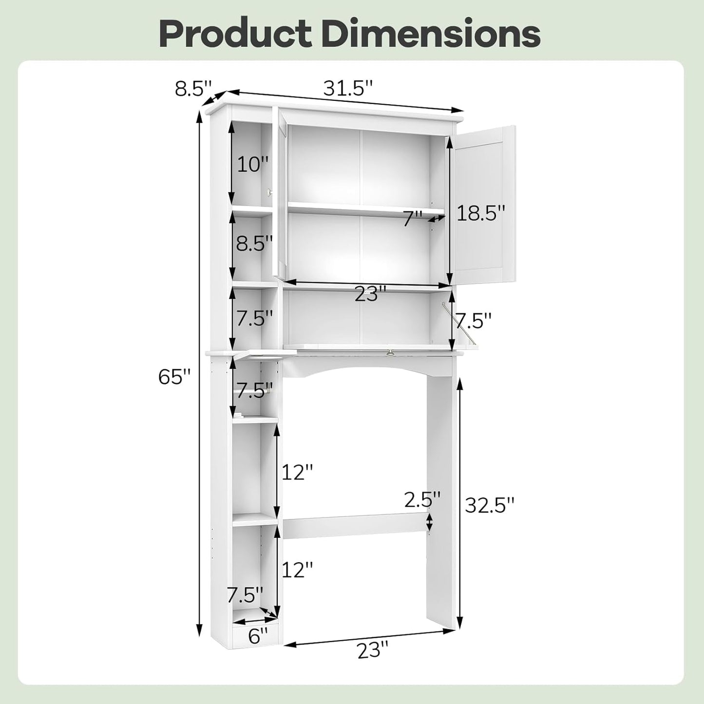 over the Toilet Storage Cabinet, Bathroom Storage Organizer with Toilet Paper Holder, Adjustable Shelf & Bottom Bar, Modern Floor Cabinet for behind Toilet, Laundry Room, White