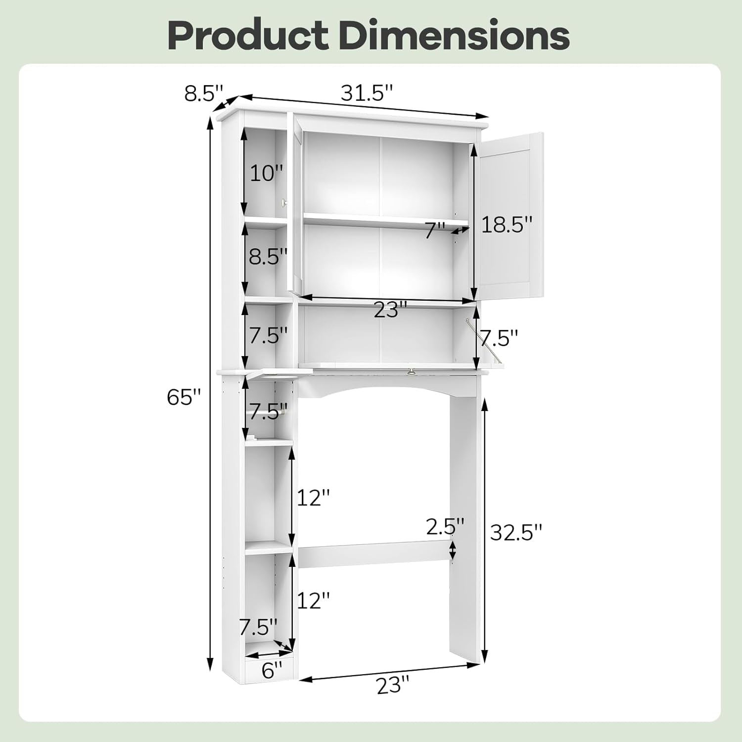 over the Toilet Storage Cabinet, Bathroom Storage Organizer with Toilet Paper Holder, Adjustable Shelf & Bottom Bar, Modern Floor Cabinet for behind Toilet, Laundry Room, White
