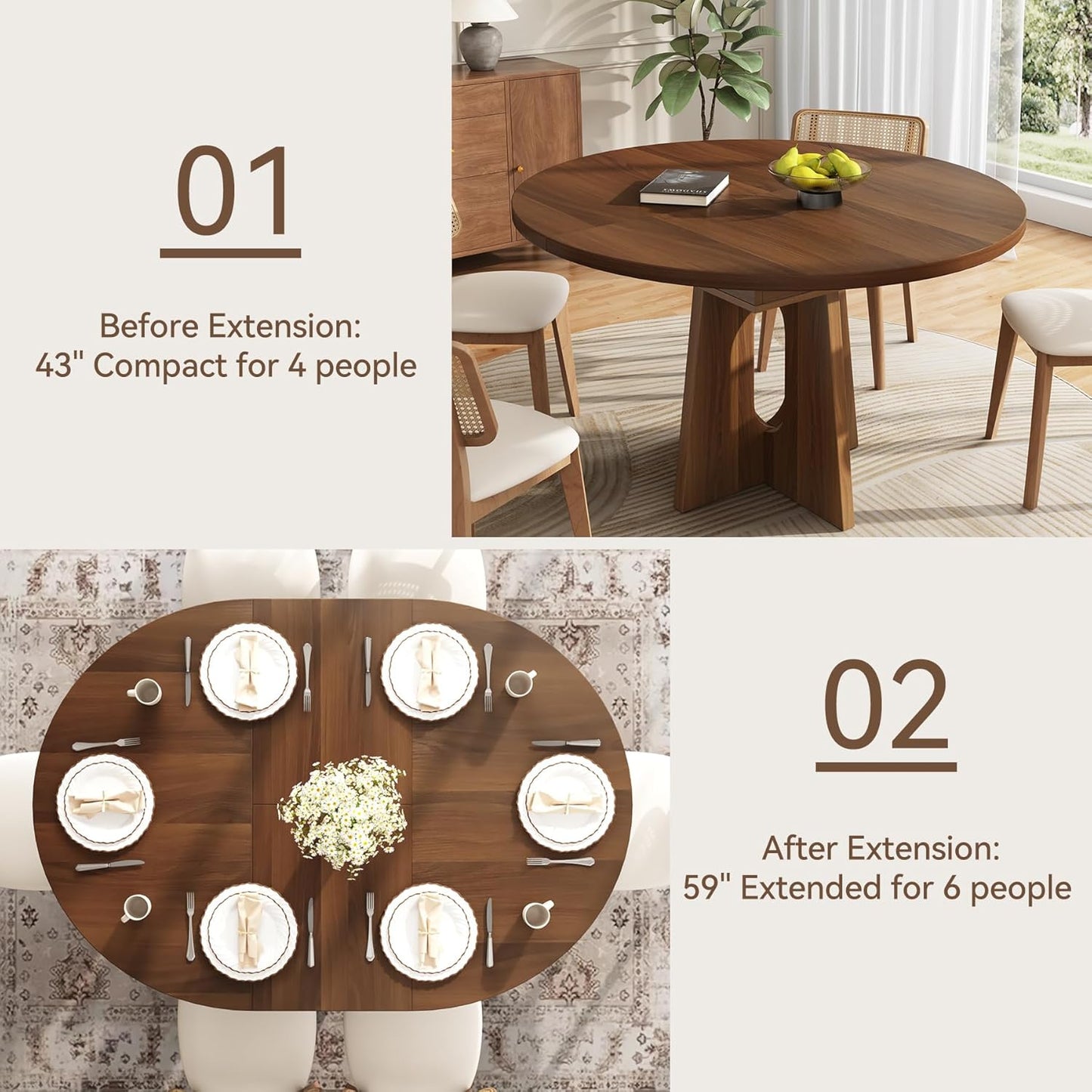 59-Inch Extendable round Dining Table for Dining Room, 4-6 People Farmhouse Oval Wood Expandable Kitchen Dinner Table with Heavy Cross Pedestal for Living Room, Apartment, Dark Brown Walnut