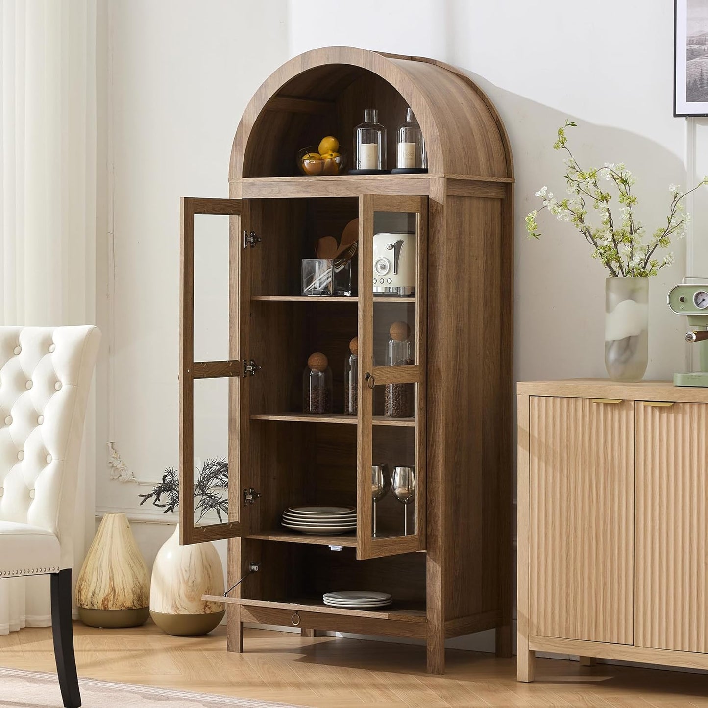 71" Tall Arched Pantry Cabinet with Innovative Drawer, Kitchen Cabinet with Anti-Tipping Device and Glass Door, Versatile Cupboard for Kitchen, Dining, Natrual