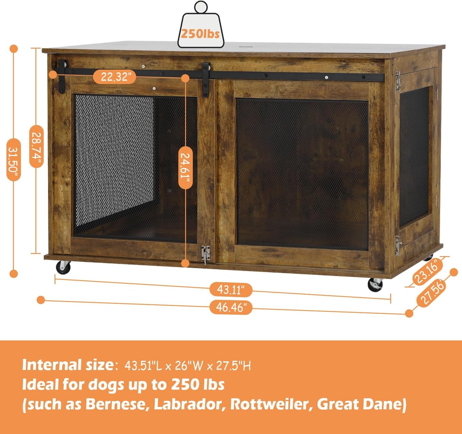 47 Inch Large Dog Crate Furniture, Wooden Heavy Duty XL Dog Kennel Indoor, Decorative Dog Cage Table for Large Dogs, with Sliding Doors, Wheels and Flip-Top Plate, Rustic Brown