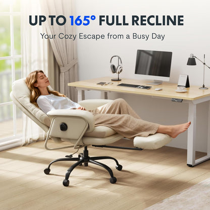 Luno 2-In-1 Chaise Lounge Chair Indoor with Wheels Footrest 90-165° Reclining Lumbar Support, Home Office Chairs for Living Room Bedroom Study Working Relaxing, Leather, Beige White