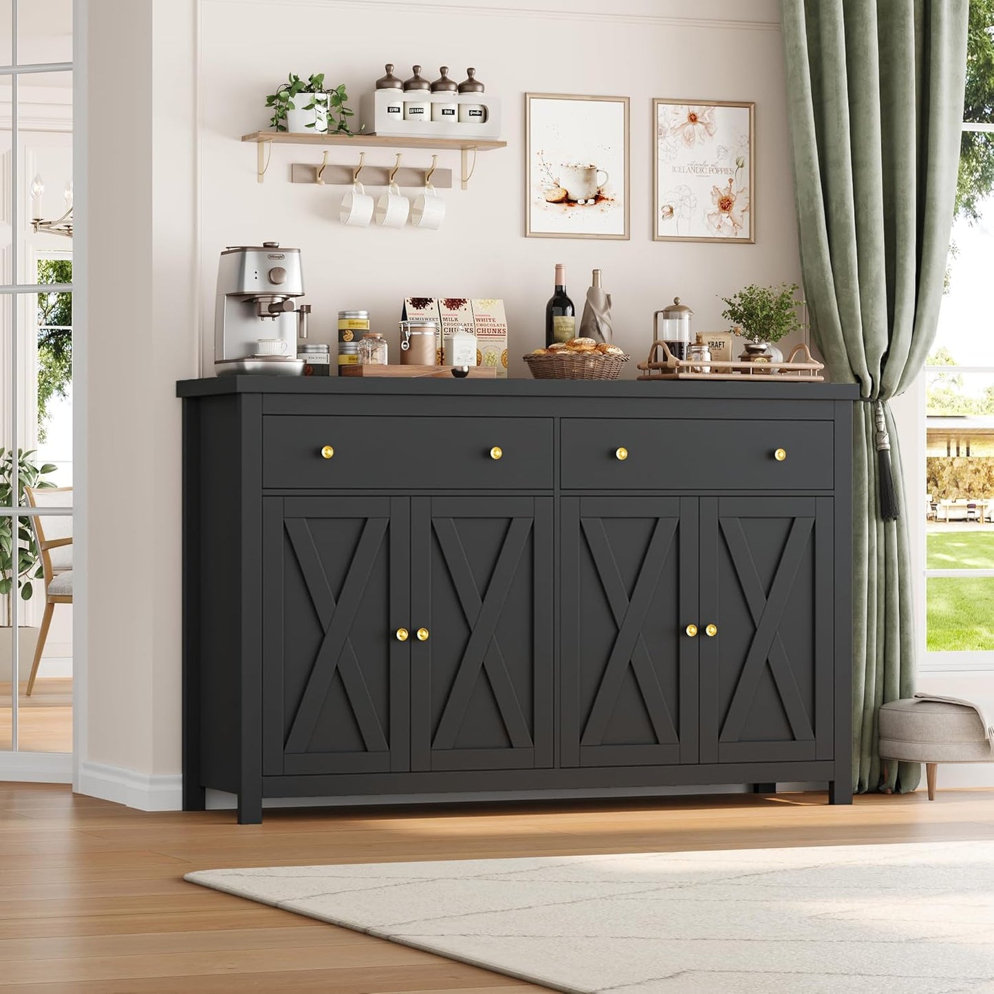 Sideboard Buffet Cabinet with Storage, 55" Large Kitchen Storage Cabinet with 2 Drawers and 4 Doors, Wood Coffee Bar Buffet Table for Kitchen Dining Room, Black